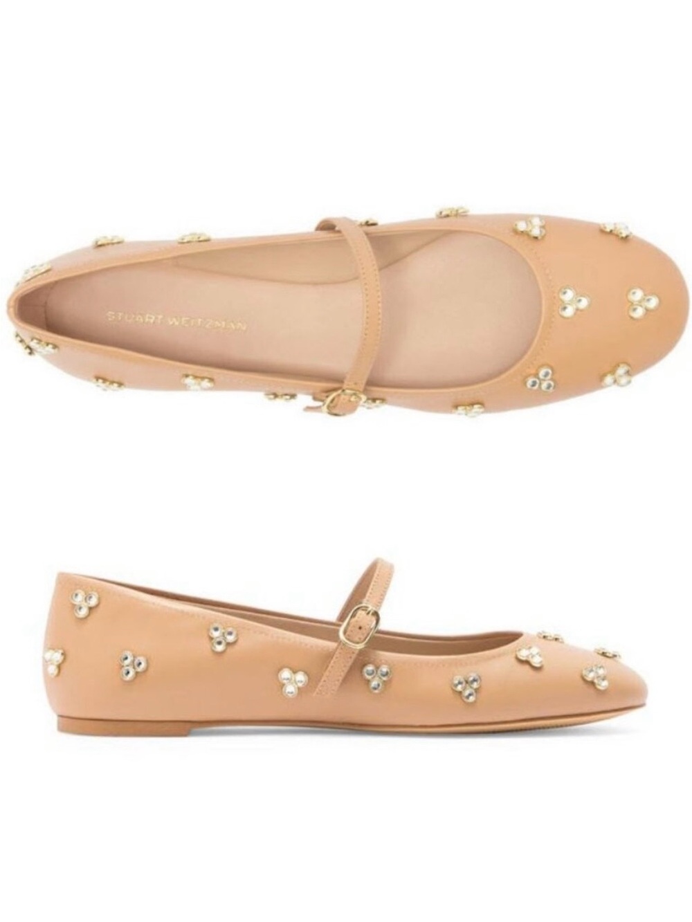 Stuart Weitzman Tammy Crystal-Embellished Mary Janes Flats in Cream Sz 10